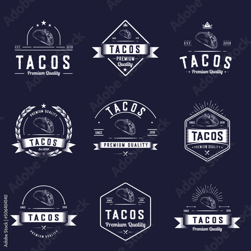 Taco logo design, retro badge white icon, hipster emblem fast food illustration. Classic, vintage Tacos 9 sign collection