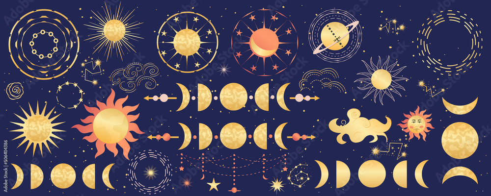 Celestial mystical astrology set with sun, moon, phases and ...
