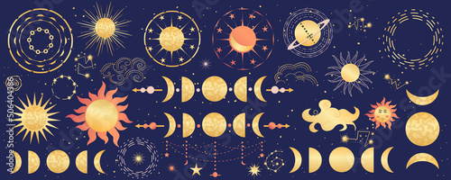 Celestial mystical astrology set with sun, moon, phases and constellations. Golden signs for astrological horoscope designs. Mystical astrological symbols of the sun and moon. Vector illustration
