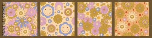Groovy y2k retro seamless pattern with flower 70s background. Daisy flower design. Abstract trendy colorful print. Vector illustration graphic. Vintage print. Psychedelic wallpaper