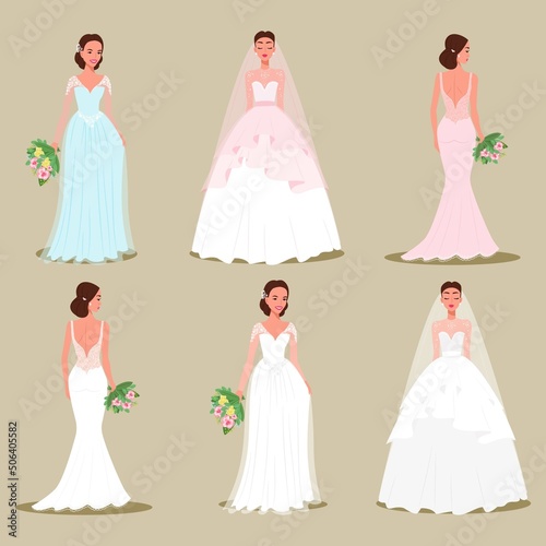 Set of brides in beautiful dresses and hairstyles with bouquets in their hands. Vector illustration cartoons.