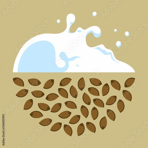 Processing of hemp seeds into vegetable milk. Spilling milk with byzgami in all directions. Cannabis seeds inscribed in a semicircle.Illustration in flat graphic style.