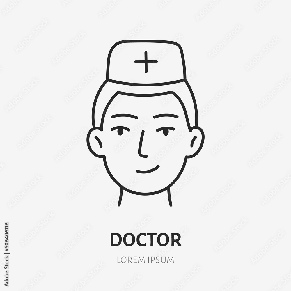 Doctor doodle line icon. Vector thin outline illustration of medic person. Black color linear sign for hospital professional