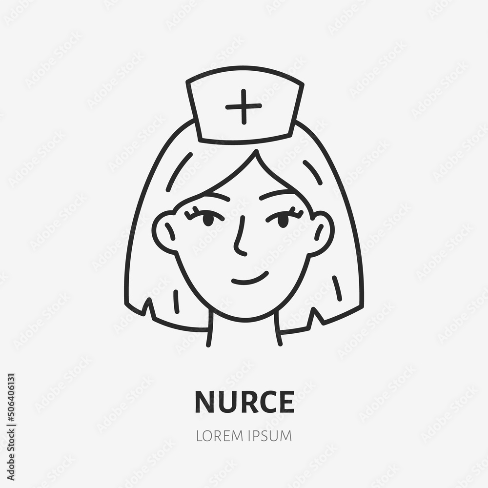 Obraz premium Nurse doodle line icon. Vector thin outline illustration of female medic person. Black color linear sign for hospital professional