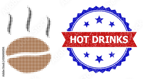 Halftone coffee aroma icon, and bicolor grunge Hot Drinks seal. Halftone coffee aroma icon is constructed with small spheric items. Vector watermark with grunge bicolored style,