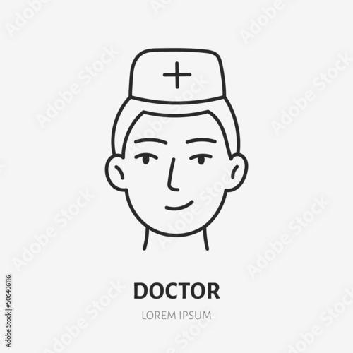Doctor doodle line icon. Vector thin outline illustration of medic person. Black color linear sign for hospital professional