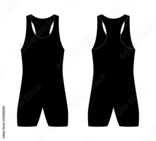 Black Wrestling Singlet Template on White Background. Front and Back Views, Vector File.