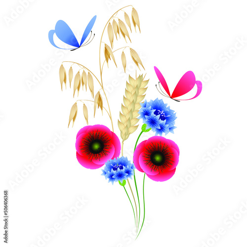 Bouquet of wild flowers and spikelets with butterflies on a white background.