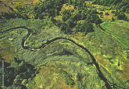 Wild River. Aerial view of river in forest. Natural Resource and Ecosystem. Wildlife Refuge Wetland Restoration. European Green Nature Scenery. Greenhouse gases and ecology. Wetland, marsh and bog.