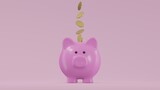 Piggy coin. Golden coins flying and floating to piggy bank for creative financial saving and deposit concept with copy space , 3d render.