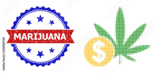 Halftone cannabis price icon, and bicolor dirty Marijuana seal. Halftone cannabis price icon is constructed with small round items. Vector seal with distress bicolored style,