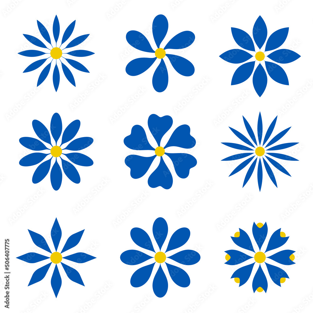 Vector illustration of a blooming blue flower, sunflower, with a yellow dot in the middle, isolated on a background, set.