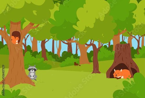 Forest landscape with wild animals sitting inside of tree hollow or nest, flat vector illustration.