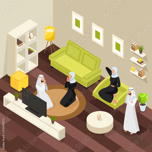 Isometric icons with arab women and arab men. Arab people talking on the phone, Arab businessmen, women dining. Saudi people in workplaces isolated vector illustration