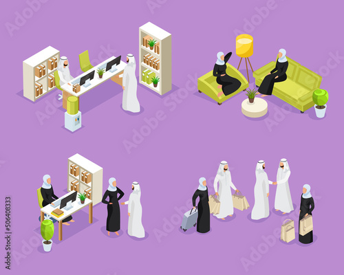 Isometric icons with arab women and arab men. Arab people talking on the phone, Arab businessmen, women dining. Saudi people in workplaces isolated vector illustration
