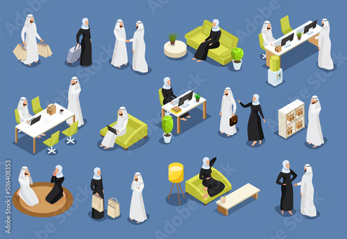Isometric icons with arab women and arab men. Arab people talking on the phone, Arab businessmen, women dining. Saudi people in workplaces isolated vector illustration