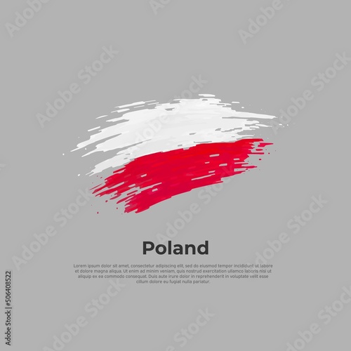 Poland flag. Brush strokes. Colored stripes polish flag on a gray background. Vector design of national poster, template. Copy space. Place for text. State patriotic banner poland, cover