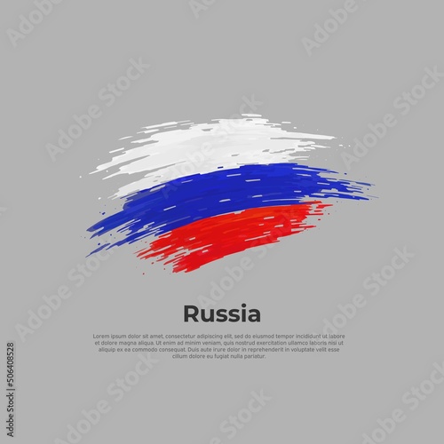 Flag of russia. Tricolor, brush strokes. Colored stripes russian flag on gray background. Vector design of national poster, template. place for text. State patriotic banner russia, cover. Copy space