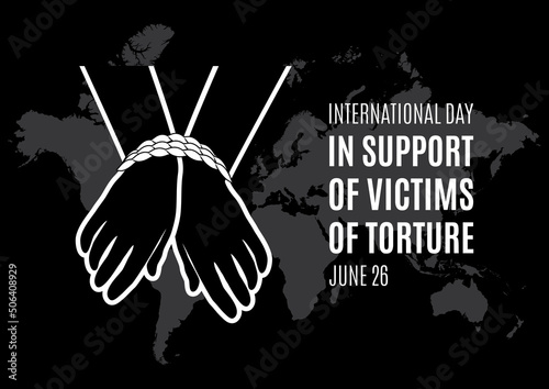 International Day in Support of Victims of Torture vector. Hands tied with rope icon vector isolated on black background. Silhouette handcuffed hands vector. Abused people icon. June 26. Important day