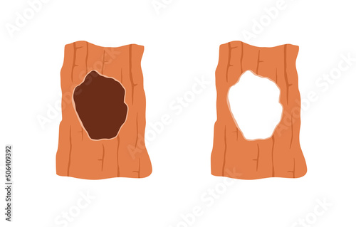 Hollow and hole in tree, cartoon flat vector illustration isolated on white background.