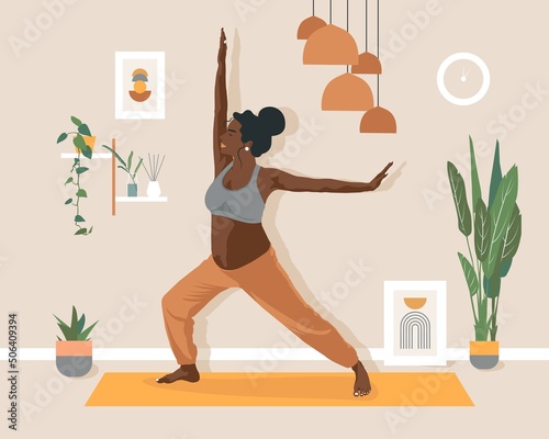 Pregnant Woman doing Yoga in her Room or apartment. Concept of a healthy Pregnancy. Cozy Room interior background with plants and pictures. Black Woman character doing Yoga at home. Vector illustrate.