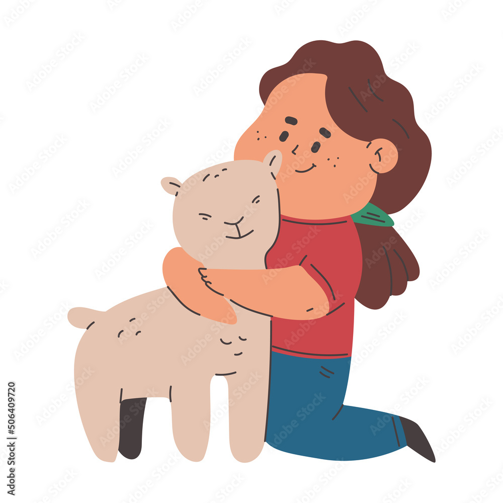 Obraz premium Girl hugging lamb vector cartoon illustration isolated on a white background.