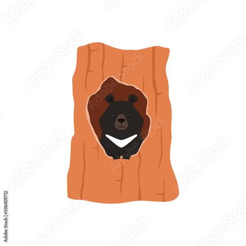Bear is sitting in a hollow tree, vector flat illustration on a white background.