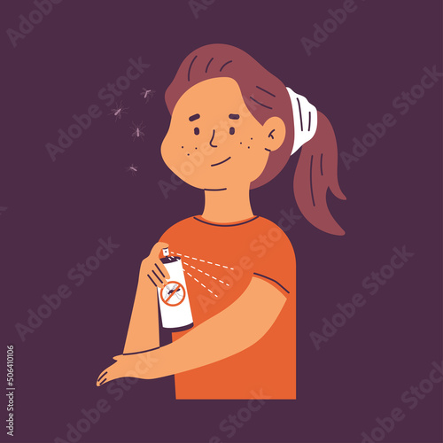Cute woman using mosquitoes repellent vector cartoon character isolated on background.