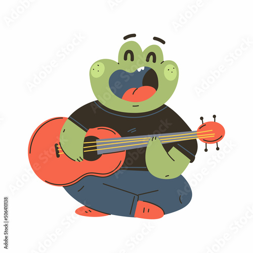 Frog playing on guitar vector cartoon musician animal character isolated on a white background.