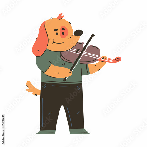 Dog playing on violin vector cartoon musician animal character isolated on a white background.