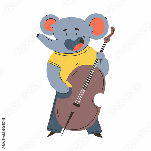 Elephant playing on contrabass vector cartoon musician animal character isolated on a white background.