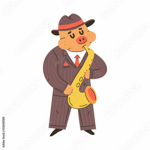 Pig playing on saxophone vector cartoon musician animal character isolated on a white background.