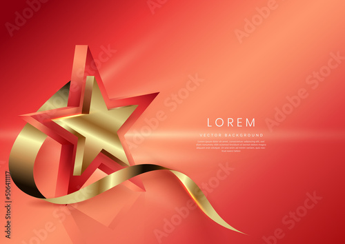 3d golden star with golden ribbon curved on soft red background. Template luxury premium award design.