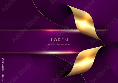 Abstract 3d curved violet and gold ribbon on violet background with lighting effect copy space for text. Luxury design style. photo