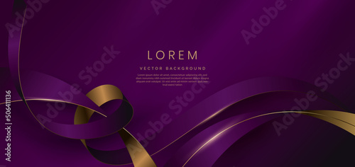 Abstract 3d gold curved ribbon on purple and dark purple background with lighting effect and sparkle with copy space for text. Luxury design style.