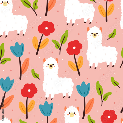 seamless pattern hand drawing cartoon llama with flower and plant. cute animal wallpaper in purple background for textile, fabric print