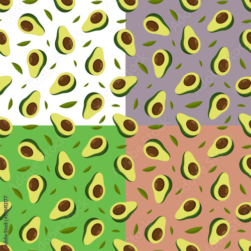 Set of seamless patterns with avocado fruit whole and cut in half with pit in middle. Exotic fruit. Ornament for decoration and printing on fabric. Design element. Vector