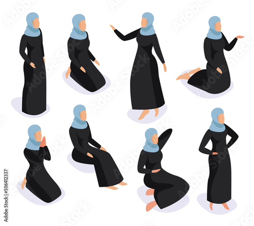 Trendy isometric Arab people set. 3D isometric Muslim woman wearing traditional clothing sitting in different poses isolated on white background. Vector illustration.