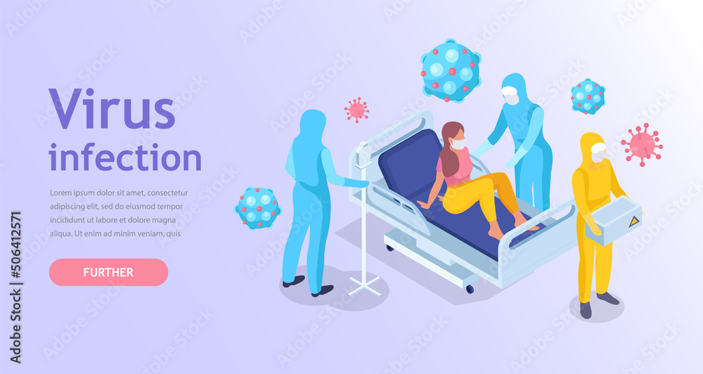Virus diagnostics in hospital templates for websites etc. Medical workers in protection costumes during an epidemic and patients in a hospital bed. Modern isometric illustration.
