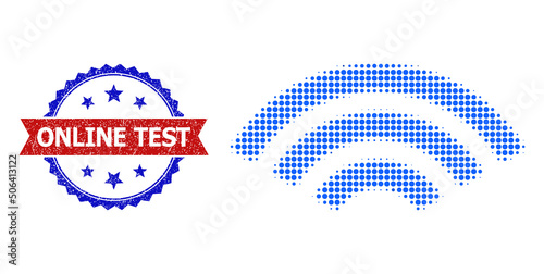 Halftone online signal icon, and bicolor dirty Online Test seal stamp. Halftone online signal icon is constructed with small circle dots. Vector seal with grunge bicolored style,