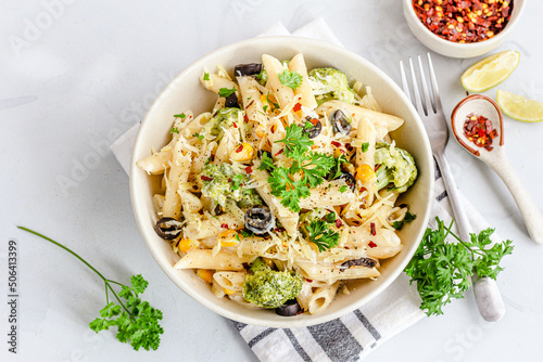 White Sauce Penne Pasta Top Down Photo on White Background
