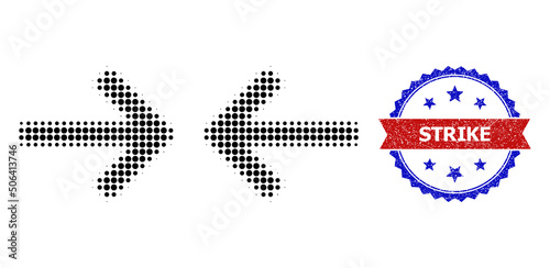 Halftone shrink arrows icon, and bicolor rubber Strike watermark. Halftone shrink arrows icon is constructed with small round points. Vector watermark with distress bicolored style,
