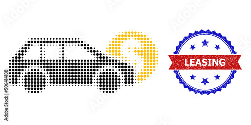 Halftone car leasing icon, and bicolor grunge Leasing watermark. Halftone car leasing icon is designed with small circle points. Vector imprint with grunge bicolored style,