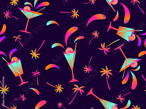 Cocktail with umbrellas and palm trees seamless pattern. Gradient alcoholic cocktails with umbrellas and a slice of fruit. Design of bar menus, advertising materials and banners. Vector illustration