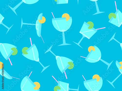Cocktail with umbrellas seamless pattern. Alcoholic cocktails with umbrellas and orange slice on blue background. Design for bar menus, advertising materials and banners. Vector illustration