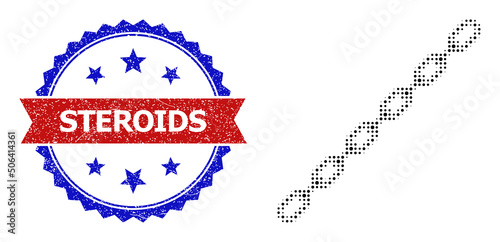 Halftone chain icon, and bicolor scratched Steroids seal stamp. Halftone chain icon is constructed with small circle elements. Vector seal with unclean bicolored style,