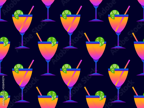 Cocktail with umbrellas 80s style seamless pattern. Alcoholic cocktails with umbrellas and lime slice. Design for bar menus, advertising materials and banners. Vector illustration