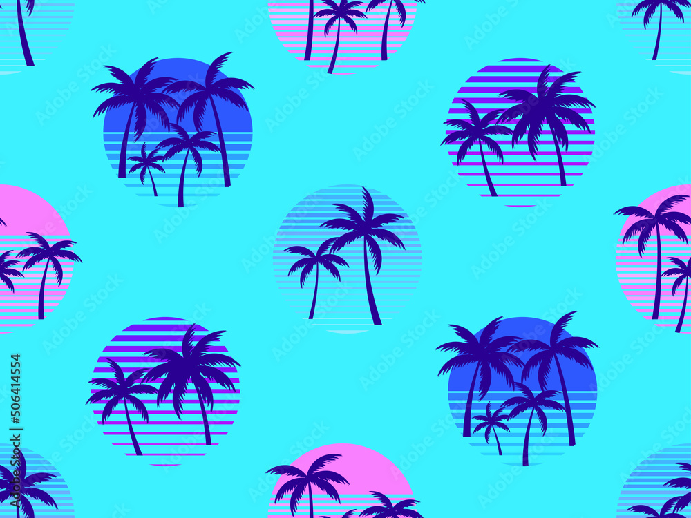 Retro sun with palm trees 80s style seamless pattern. Palm trees at sunset. Design colorful tropical pattern for banner, poster and promotional item. Vector illustration