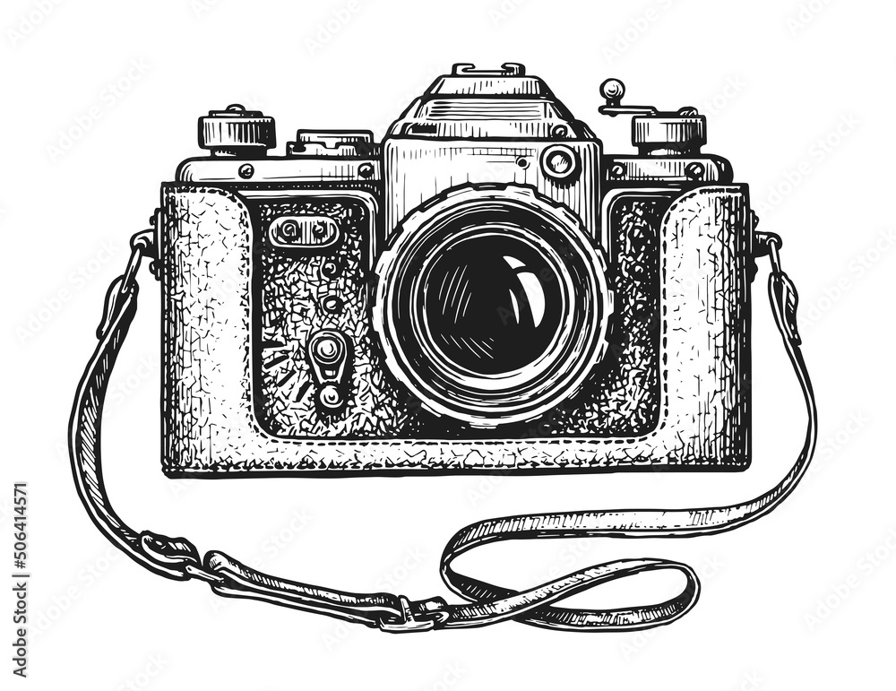Hand drawn retro camera. Vintage vector illustration in sketch