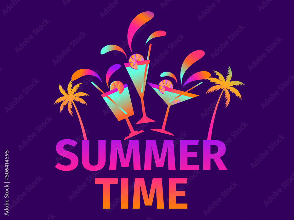 Naklejka premium Alcoholic cocktails with umbrellas and fruit slices. Alcoholic cocktails and palm trees poster. Summer time. Design for banners, posters and promotional items. Vector illustration